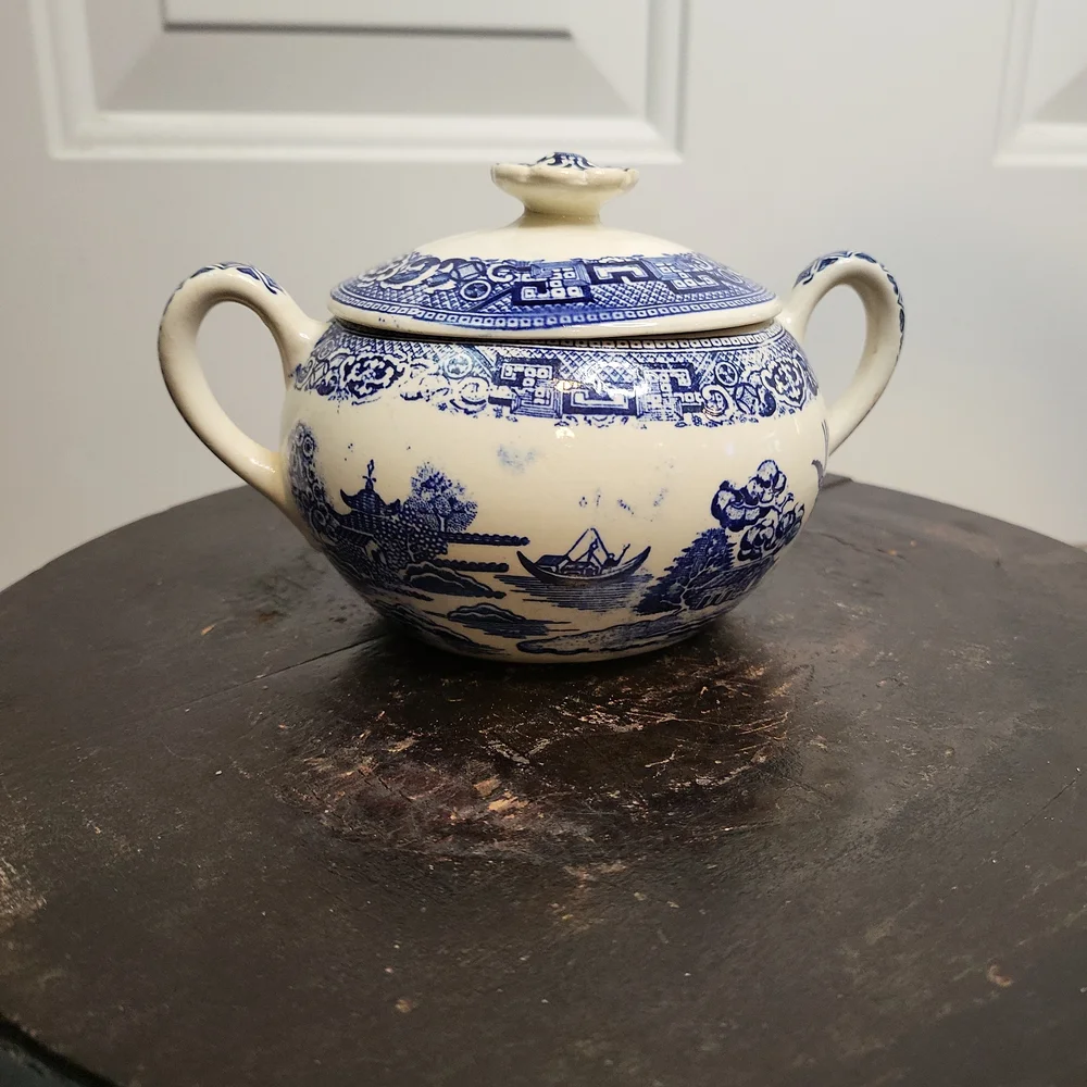 Antique Blue and White Transferware Sugar Bowl with Lid Unmarked